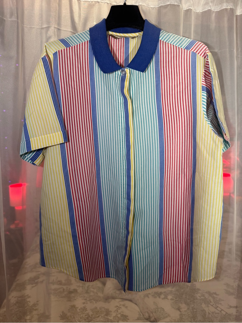 90s French Navy Multicolor Vertical Stripe Button-Down Shirt - Blue Collar
